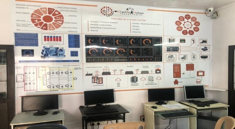 A chart poster on the wall along with chairs, tables and monitors inside the plc scada training classroom