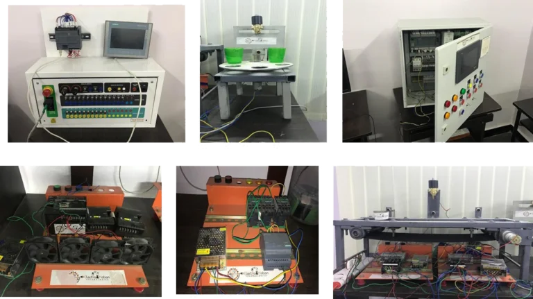 collage of industrial automation training equipment in the training room.