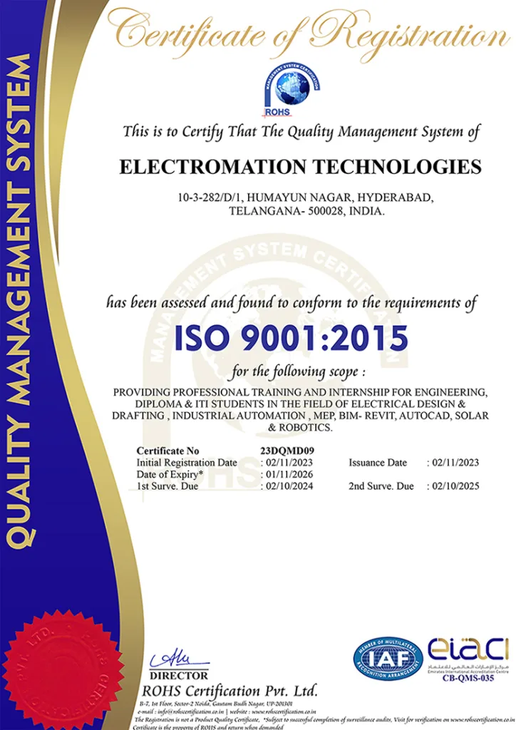 Certificate showing that electromation technologies has conformed to the requirements of ISO.
